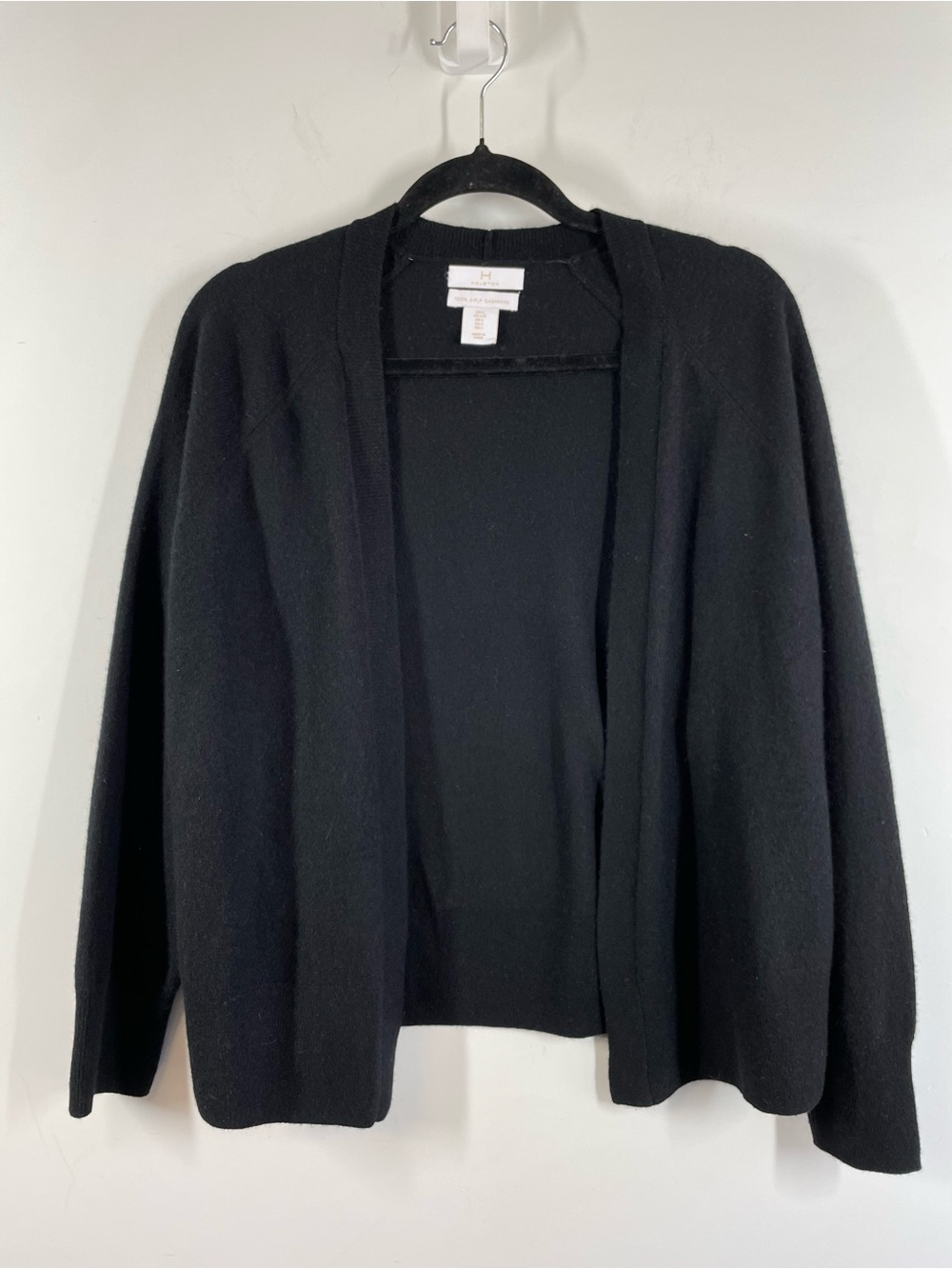 Halston Black 100% 2 Ply Cashmere Open Front Cardigan Large Quiet Luxury Chic